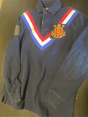 Polo by Ralph Lauren Navy Long Sleeve Polo with Red, White & Blue V-Stripes